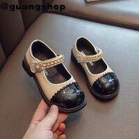 guangshop สไตล์โซ่สาวรองเท้าแบนมุก Velcro ส่องแสงหนังสบายเด็กเจ้าหญิงรองเท้านุ่มแต่เพียงผู้เดียว3-16ปีป้องกันการลื่น T22N08CC-22