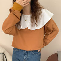 KUSAHIKI Hit Color Peter Pan Collar Patch Pullover Sweathshirt Causal Long Sleeve Women Jumper 2021 Autumn Winter Hoodies 6N103