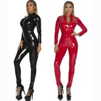 S-5XL Sexy Lingerie Red Black Female Faux Leather Catsuit PVC Latex Bodysuit Front Zipper Open Crotch Stretch Jumpsuits