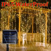 Solar Powered 3x1M/3x2M/3x3M LED Copper Wire Curtain String Lights Waterproof Outdoor Window Lights For Christmas Party Wedding Outdoor Lighting