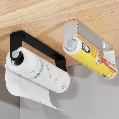 Punch-Free Roll Paper Holder Black Aluminum Cling Film Towel Rack Kitchen Accessories Tissue Hanger Wall Organizer Storage Shelf