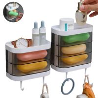 Rotatable Soap Holder with 2 Hooks No Drilling Wall Mounted Drain Soap Box Bathroom Storage Rack Container for Toiletries Adhesives Tape