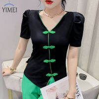 YIMEI Cheongsam ฤดูร้อน2023ฤดูร้อนใหม่เข้ารูปพอดี V คอปุ่มลูกปัดสี-Blocking บางออกแบบไม่สม่ำเสมอเสื้อยืดผู้หญิงแขนสั้น