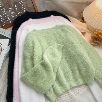 [COD] Imitation mink round neck long-sleeved green knitted sweater womens 2022 autumn and winter Korean style all-match short pullover