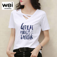 WEISHIBLUE เสื้อยืดสตรีไซส์พิเศษ,เสื้อพิมพ์ลายตัวอักษรเสื้อยืดคอวีสไตล์เกาหลีหลากสีแขนสั้น