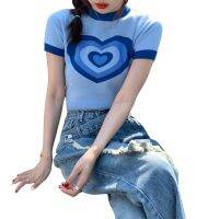 Vintage Heart Jacquard O คอแขนสั้นเสื้อยืดผู้หญิง Slim Fit สำหรับ T เสื้อแน่น Tees ฤดูร้อน Retro Tops Kintted Crop