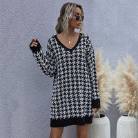 Houndstooth Women Knitted Sweater Dress Autumn  Vintage Fashion Long Sleeve Casual Jumper Loose V Neck Sweater Skirt Ladies