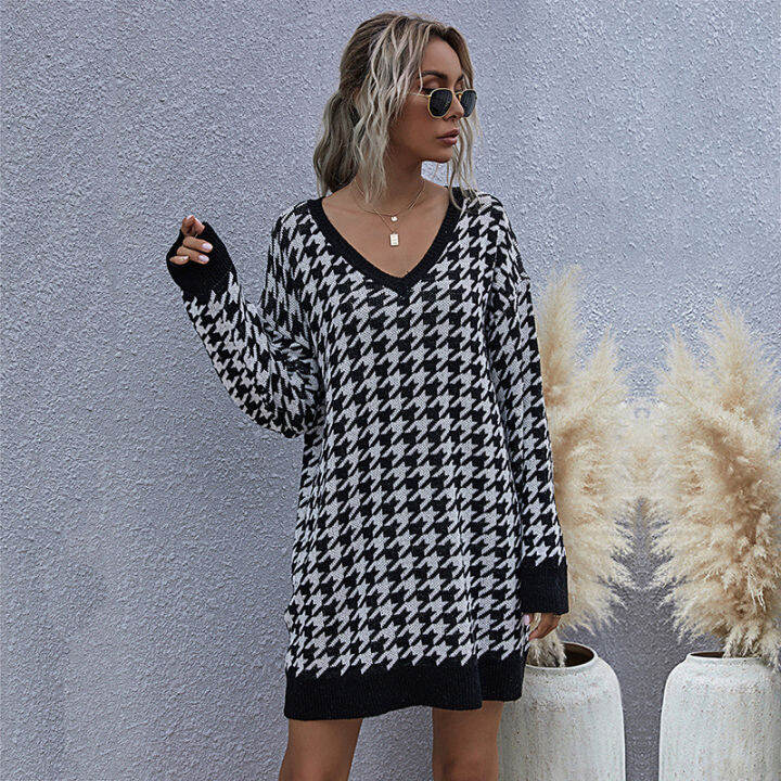 houndstooth-women-knitted-sweater-dress-autumn-vintage-fashion-long-sleeve-casual-jumper-loose-v-neck-sweater-skirt-ladies