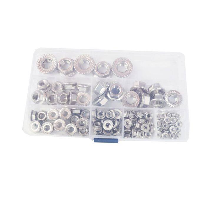 flange-nut-125pcs-flange-nut-assortment-kit-m3m4m5m6m8m10m12-304-stainless-steel-hex-head-flange-nuts-serrated-spinlock-lock-nut-nails-screws-fastene