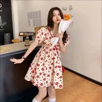 【Ready】? mer age-reducg pure ese sle soft rl r red flower dress puff se waist