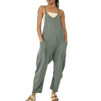 Jumpsuits สำหรับผู้หญิง ชุดฤดูร้อนลำลอง V คอแขนกุด Jumpsuit Beach หลวม Overalls Monos Mujer