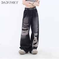 DaDuHey Mens and Womens 2023 New Hong Kong Style Retro High Waist Loose All-Match Ripped Jeans Ins Hip Hop Trend Baggy Straight Casual PantsTH