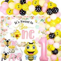 Sursurprise Bee 1st Birthday Decorations Girl Bee Birthday Balloon Garland Kit Pink Yellow for Girl Its Sweet to Bee One Backdrop with Bee Theme Cake Topper Bee Themed Banner for Honey 1st Bday Bee Themed Party