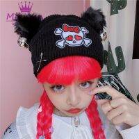 Harajuku Gothic Skull Black Beanie Hats Cute Cat Ears Bells Fashion Design Women Girls Winter Warm Knitted Caps Streetwear