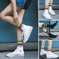 ถุงเท้ากีฬาสตรี,Socks สูงลายทางสีรุ้งแบบลำลองถุงน่อง #3