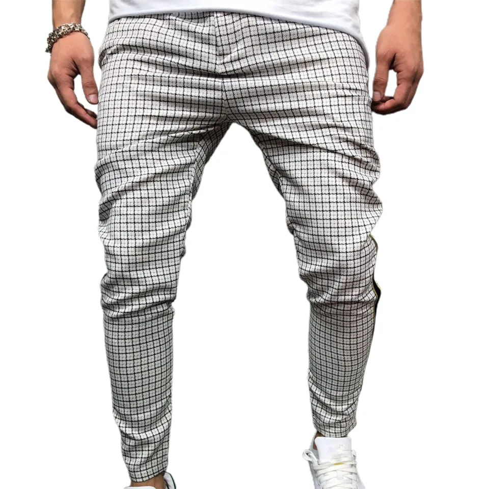 Mens checked trousers on sale with side stripe