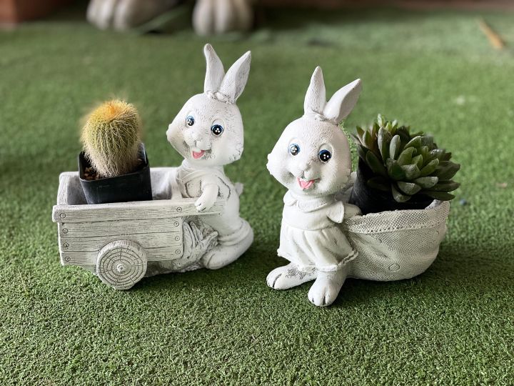 รูปปั้นสัตว์กระต่ายสองพี่น้องชาวสวน-สำหรับใส่ต้นไม้เเต่งสวน