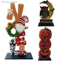 5D DIY Diamond Painting Ornament Handmade Halloween Desk Ornaments Owl/Pumpkin/Gnome Shape Wooden Crystal Drill for Kids Adults