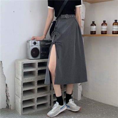 ‘；’ Vintage Dark Gothic High Split Mid-Calf Skirts Women Elegant Fashion Party Club High Waist Femme Bottom Streetwear Goth Skirt