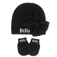 【CW】Personalize Baby Black Hat &amp; Mittens Infant Girl Beanie With Bow Newborn Custom Monogram Newborn Beanie With Bow