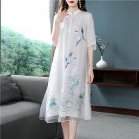 【 Bebo 】Chinese Style Vintage Crane Embroidery A-line Dress Ladies Summer Elegant Loose Half Sleeve Retro Stand Collar Dresses Women