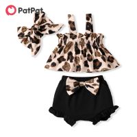 ✼ PatPat 3pcs Baby Girl Leopard Sleeveless Top and Bowknot Shorts with Headband Set