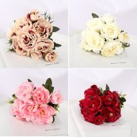 hot【cw】 Multi-color beautiful 5 big heads 2 buds retro peony fake flower silk bouquet family wedding decoration da