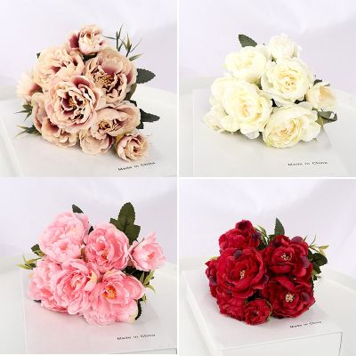 【CC】 Multi-color beautiful 5 big heads 2 buds retro peony fake flower silk bouquet family wedding decoration da