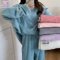 XIANG NIAN NI ชุดนอน Loungewear สำหรับผู้หญิงใหม่ชุดนอนกำมะหยี่ปะการังฤดูใบไม้ร่วงและฤดูหนาวบวกกำมะหยี่คอกลมหลวมบ้านชุดวอร์มลำลองผู้หญิง