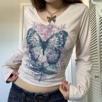 [Facialbeauty] Vintage Butterfly พิมพ์ Top T เสื้อ Fairy Grunge Y2K เสื้อผ้าเสื้อยืดผู้หญิงแขนยาว V คอเสื้อยืดเปิดไหล่