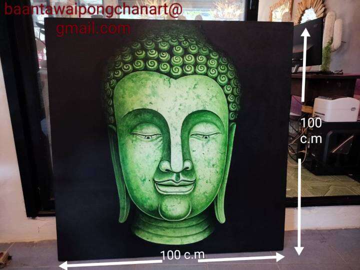 ภาพวาดหน้าพระพุทธรูปในผืนผ้าใบอยู่บนเฟรมไม้ขนาด100-100-3ช-ม-เทคนิคสีน้ำอะคริลิคงานแฮนด์เมด-100-จากฝีมือศิลปินระดับอาจารย์-ภาพวาดติดผนัง