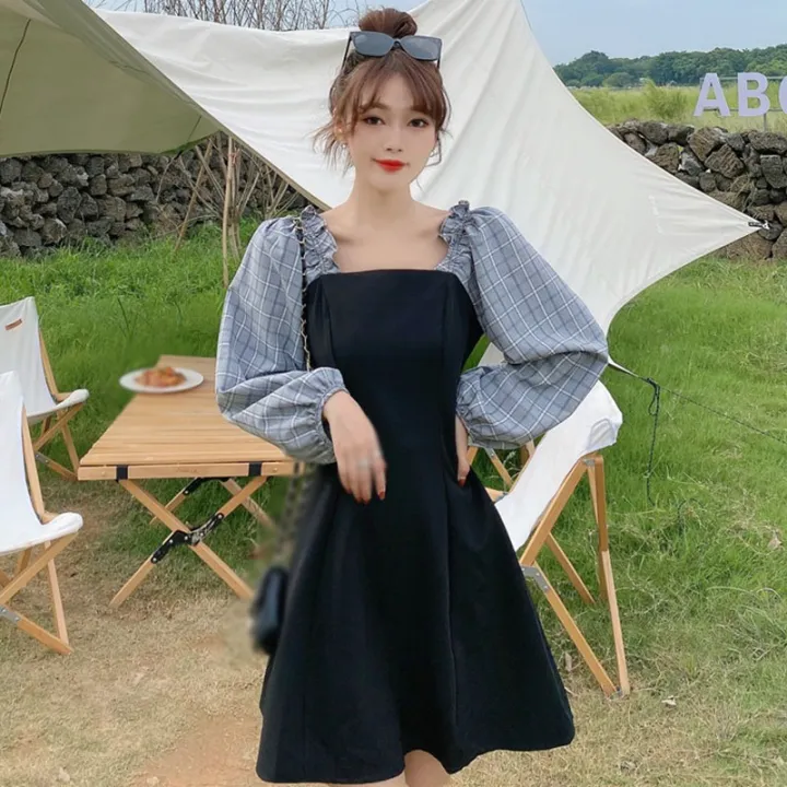 n/a Dress Women's Puff Sleeves Cute Korean Women's High Waist