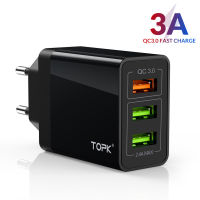 TOPK QC3.0ชาร์จเร็ว30W ปลั๊ก EU,อะแดปเตอร์แปลงไฟพอร์ตที่ชาร์จติดผนัง3 USB