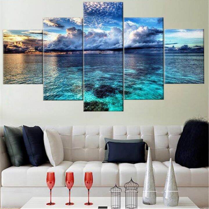 Yohoo 5 Pieces Wall Art lukisan kanvas Blue Beach Seascape Poster-ruang ...