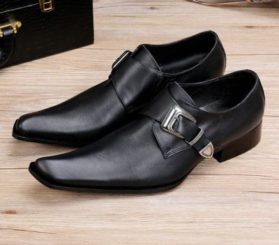 Fashion Genuine Leather Metal Buckle Mens Dress Shoes Formal Wedding Office Man Black Pointed Toe Business Luxury Shoes 38-46