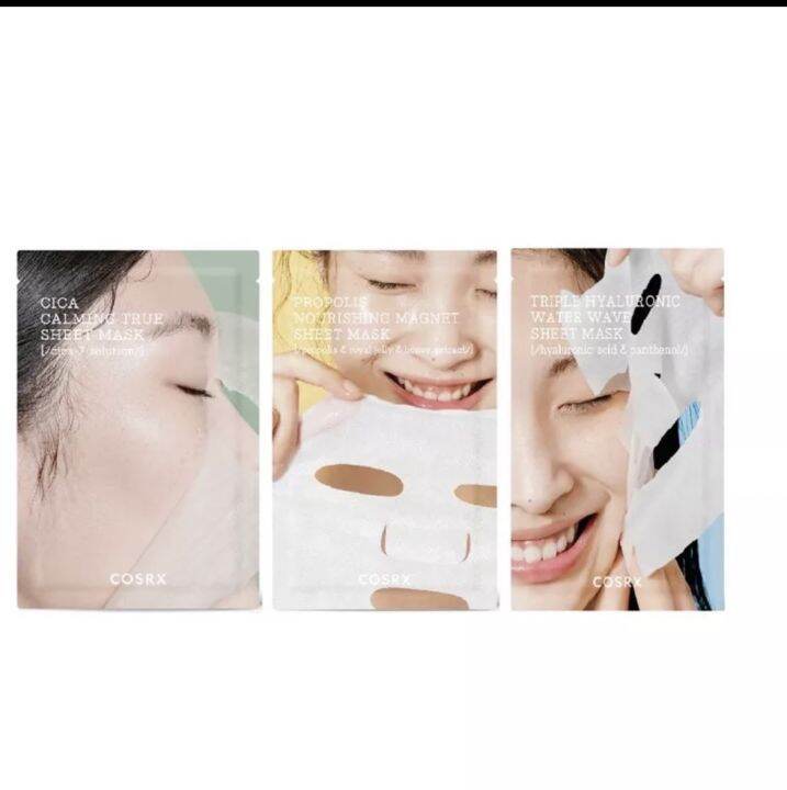 cosrx-pure-fit-cica-calming-full-fit-propolis-nourishing-hydrium-triple-hyaluronic-balancium-ac-blemish-sheet-mask