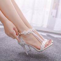 ☌ Crystal Queen Women Sandals White Lace Flowers Pearl Tassel 9CM Fine High Heels Slender Bridal Pumps Wedding Shoes