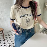 American-style shoulder T-shirt womens design sense niche letter printing contrast color round neck slim fit summer short-sleeved top ins fashion