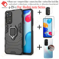 (4 In 1)For Redmi note 11 11S 11 Pro4G 5G/Redmi 10 9 9C/Redmi note 10 10S 10 Pro โทรศัพท์มือถือเคส Iron Man หุ้มเกราะป้องกัน + ฟิล์มกระจกนิรภัย + ฟิล์มกล้อง + ฟิล์มคาร์บอนไฟเบอร์ฟิล์มด้านหลัง,หุ่นยนต์สร้างสรรค์ฝาครอบป้องกันการตก (พร้อมขายึด)