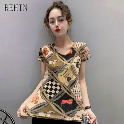 REHIN เสื้อยืดแขนสั้นสำหรับผู้หญิง,เสื้อเบลาส์ทรงสลิมฟิตพิมพ์ลายไม่ซ้ำใครผ้าฝ้ายคอกลมเสื้อผ้าฤดูร้อนแบบใหม่ปี S-3XL