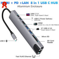 ฮับ USB 8-In-1ตัวแปลงแบบหลายพอร์ตอะแดปเตอร์3.1-4K RJ45ตัวอ่านบัตร TF PD ชาร์จเร็วใช้ได้กับ MacBook