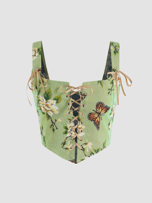Cider Cider Kpop Floral & Butterfly Lace Up Tank Top Lazada.co.th