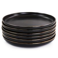 Paul 6 Piece Stoneware Dinner Plate Set In Matt Black With Gold Rim