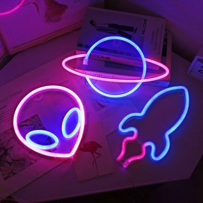 Planet LED Lights Neon Light Sign Bedroom Decor Rocket Alien Neon Night Lamp for Rooms Wall Art Bar Party USB or Battery Powered Night Lights