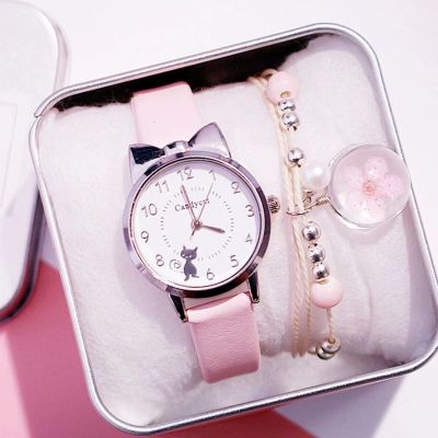 【July】 2pcs/set fashion student watch cute kitten dial belt quartz watch bracelet