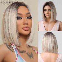 LOUIS FERRE Short Blonde Bob Synthetic Wigs With Dark Root Shoulder Length Blonde Straight Wig Mixed White Hair High Temperature