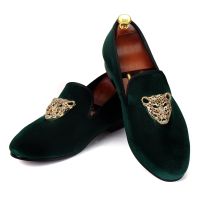 Harpelunde Men Wedding Shoes Handmade Green Velvet Loafer Slippers With Animal Buckle Size 6-14