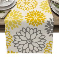 【LZ】ஐ❈  Dahlia Yellow Gray Table Runner for Dining Table Party Decoration Anti-stain Rectangular Table Tablecloth Dining Table Runner