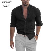 New Mens Cotton Linen Shirts Mock Neck Solid Color Long Sleeve Loose Top Spring Autumn Handsome Fashion Shirt