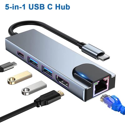 5 In 1 USB C Hub To Rj45 Ethernet Lan Type C Hub Adapter with 4K HDMI Thunderbolt 3 USB-C 100W PD Charger for Mac Book Pro/Air USB Hubs